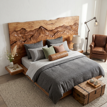 Rustic Mountain Relief Wood Headboard For Luxury Bedroom Interior