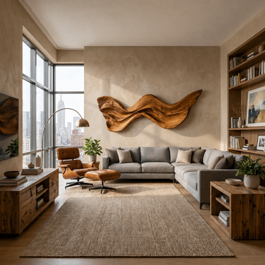 Mid Century Wooden Wall Art With Carved Wave For Living