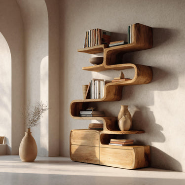 Scandinavian Sculptural Wooden Bookshelf With Organic Shape For Living Room