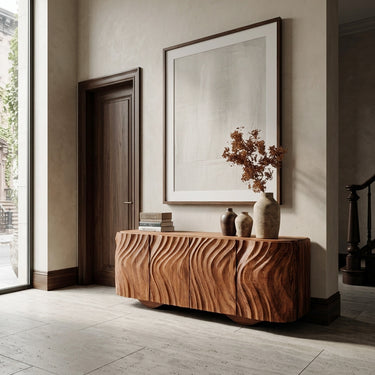 Farmhouse Wooden Sideboard With Carved Wave Doors For Living Storage