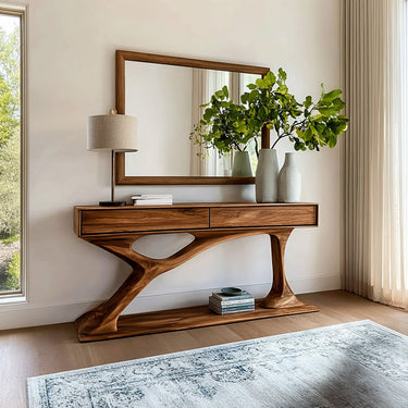 Contemporary Wooden Console Table With Sculptural Base For Living Room