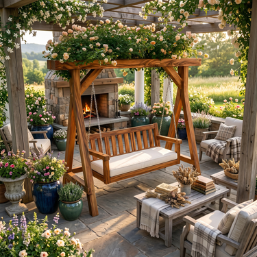 Elegant Wooden Swing With Planter Frame