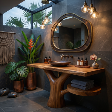Sculptural Wood Sink Cabinet For Tropical Powder Room