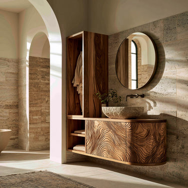 Organic Carved Bathroom Vanity With Linen Tower Side For Bathroom