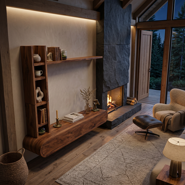 Wooden Floating TV Stand With Tall Open Shelf For Living
