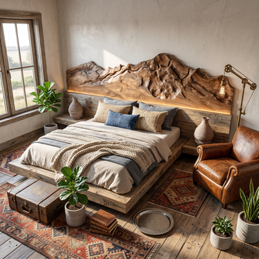 Rustic Mountain Wood Headboard For Farmhouse Bedroom Decor