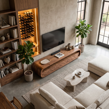 Luxury Rounded TV Console With Carved Waves For Living Room