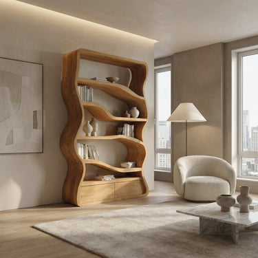 Modern Curved Wooden Bookshelf For Living Room