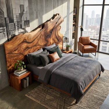 Natural Live Edge Wood Headboard For Contemporary Forest View Bedroom