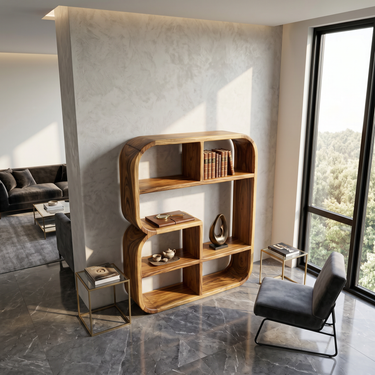 Modern Curved Wooden Bookshelf In Coastal Style