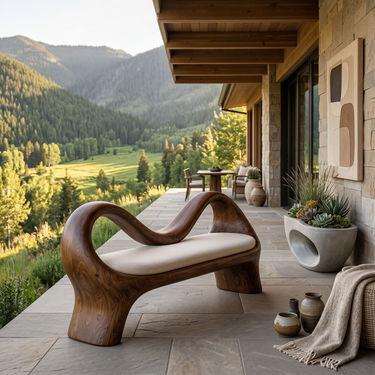 Handcrafted Bench With Undulating Backrest For Organic Entryway