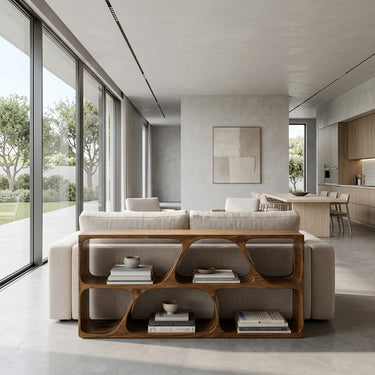Organic Wood Console Table With Multiple Storage Compartments For Living