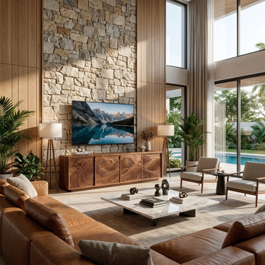 Organic TV Stand With Layered Mountain Carved Doors For Home