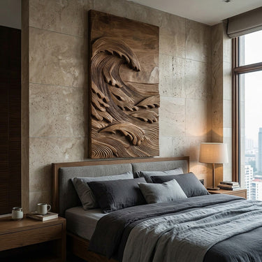 Japandi Style Carved Ocean Wood Wall Art For Home Interior