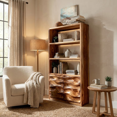 Minimal Wooden Bookshelf With Wavy Drawer Front For Home