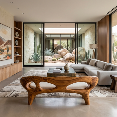 Statement Curved Natural Wood Sofa For Living