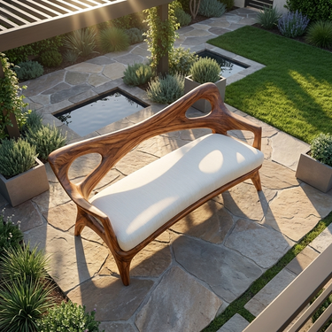 Wooden Sofa With Curved Sculptural Backrest For Living Room