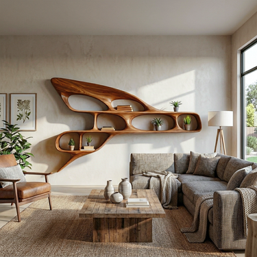 Organic Wooden Wall Bookshelf For Luxury Interior