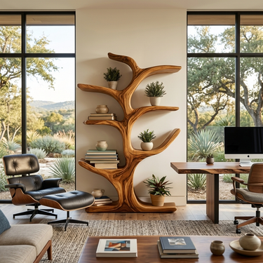 Modern Wood Bookshelf Sculptural Curved Design For Living Room