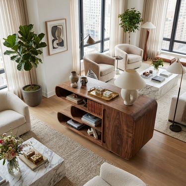 Modern Sideboard With Rounded Corners And Shelves For Living Room