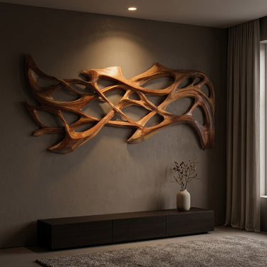 Organic Wood Wall Art Carved Design For Living Room Decor
