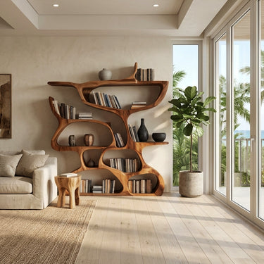 Modern Bookshelf With Organic Carved Design For Living Room Or Office