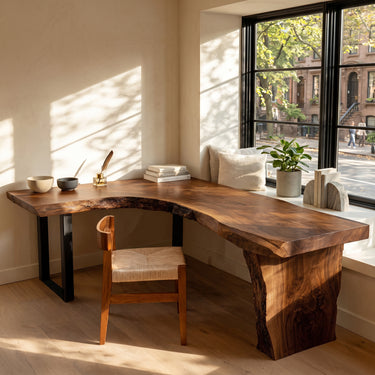 Organic Wooden L Desk With Live Edges For Minimalist Workspace