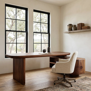 Contemporary Wooden L Desk With Rounded Form For Creative Studio