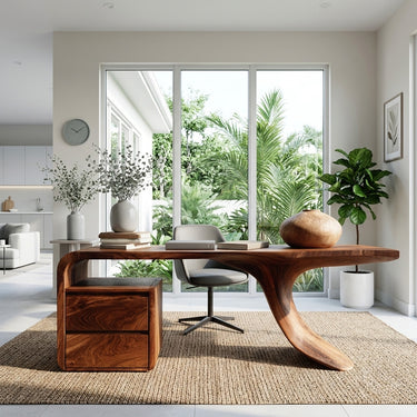 Modern Wood Desk With Unique Curved Base For Workspace
