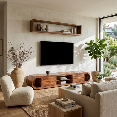 Organic Wooden TV Stand With Rounded Edges For Living Decor