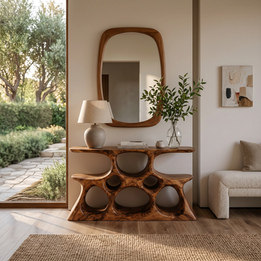 Elegant Wooden Console Table With Sculptural Shelves For Home Decor