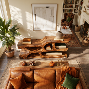 Modern Wooden Console Table With Flowing Open Storage For Home