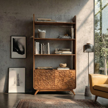 Contemporary Wooden Bookshelf With Sculpted Door Panels For Living
