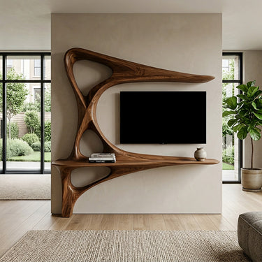 Rustic TV Console With Carved Frame For Living Room