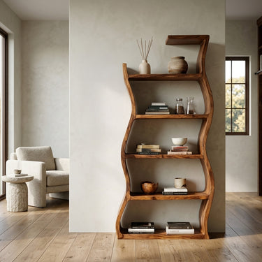 Contemporary Wooden Wavy Bookshelf With Multi Display Tiers For Living