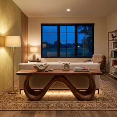 Organic Wooden Bench With Flowing Ribbon Base For Entryway