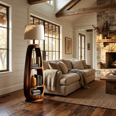 Minimalist Wooden Floor Lamp With Multiple Shelves For Living Decor