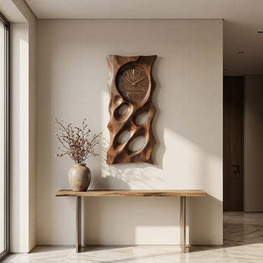 Organic Wooden Wall Clock With Hollow Form For Living Room
