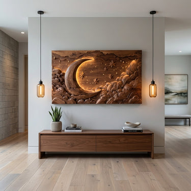 Hand Carved Wall Art Moon And Stars Panel With LED For Bedroom