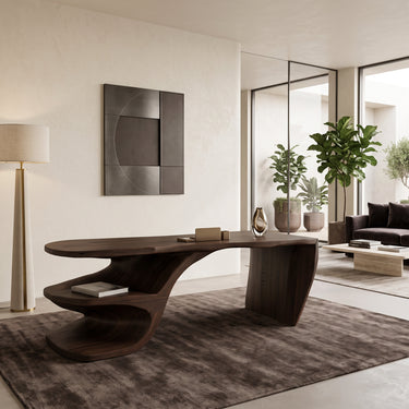Sculptural Desk With Built-in Shelf For Home Office