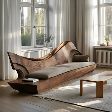 Sculptural Natural Wood Sofa With Organic Curved For Living Room