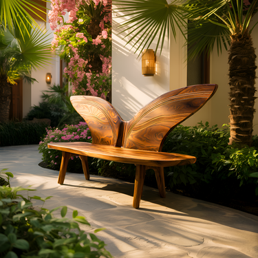 Statement Outdoor Wood Bench With Butterfly Wing Backrest For Garden
