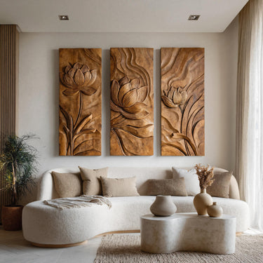Scandinavian Carved Wood Floral Art For Living Room