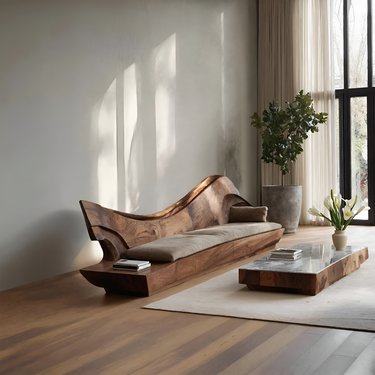 Sculptural Natural Wood Sofa With Organic Curved For Living Room