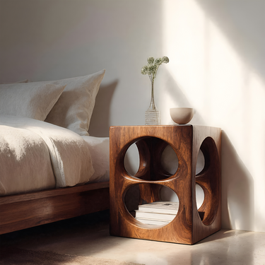 Organic Cube Nightstand With Open Storage For Bedroom