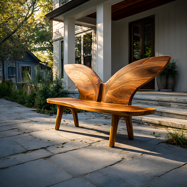 Statement Outdoor Wood Bench With Butterfly Wing Backrest For Garden