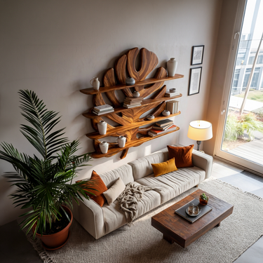 Modern Wooden Tropical Monstera Leaf Floating Bookshelf For Office