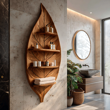 Artistic Wood Leaf Bathroom Shelf For Modern Spa Interior