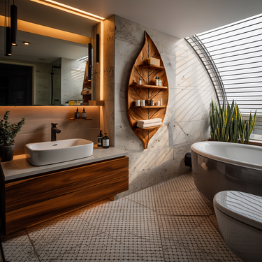 Artistic Wood Leaf Bathroom Shelf For Modern Spa Interior