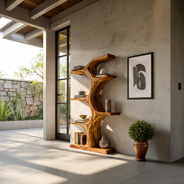 Organic Wooden Bookshelf With Branch Form For Living Room